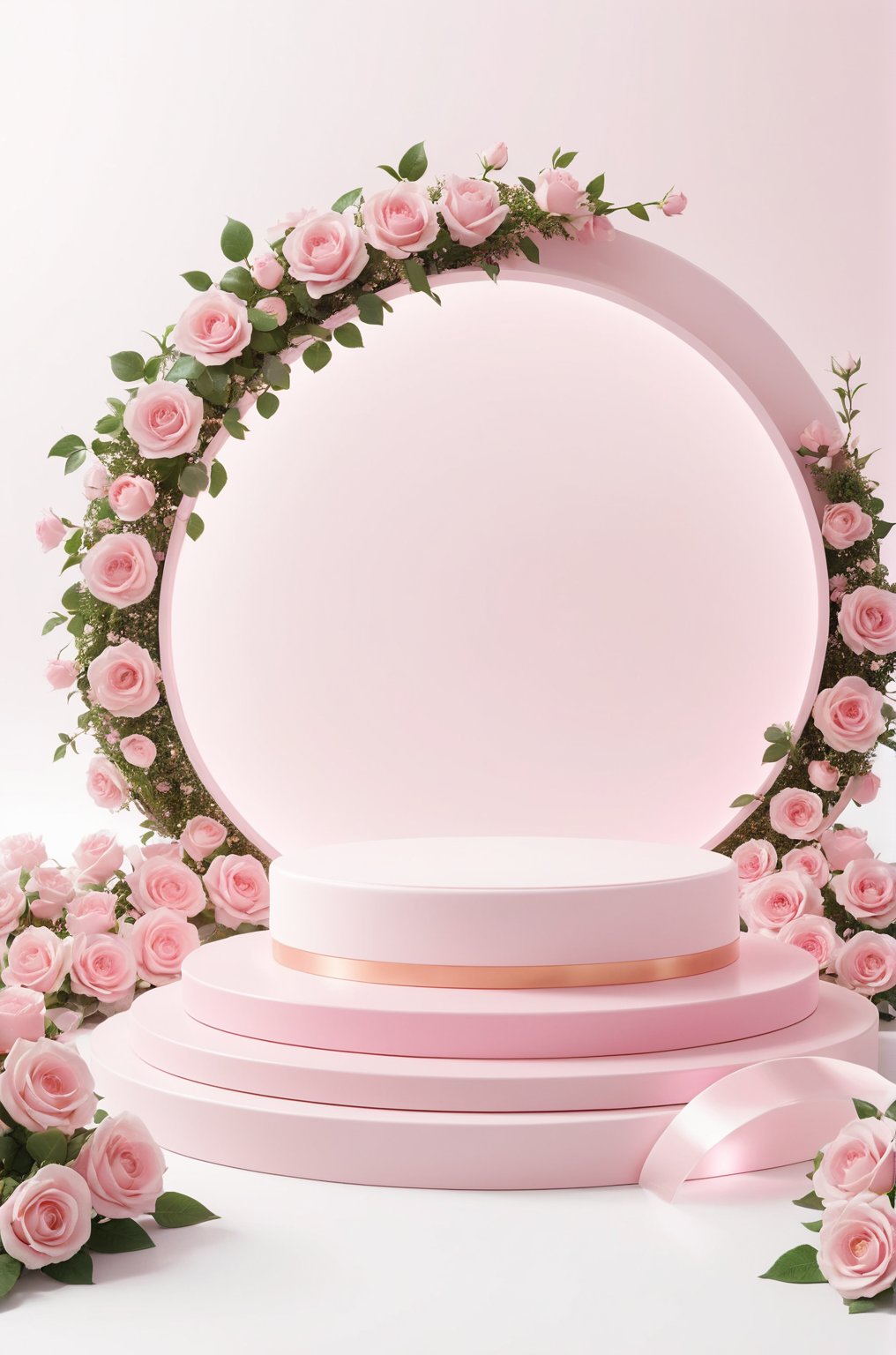 3D\(hubgstyle)\,
a round podium on the ground in the middle, white background, lots of pink roses, 

professional 3d model, anime artwork pixar, 3d style, good shine, OC rendering, highly detailed, volumetric, dramatic lighting, 