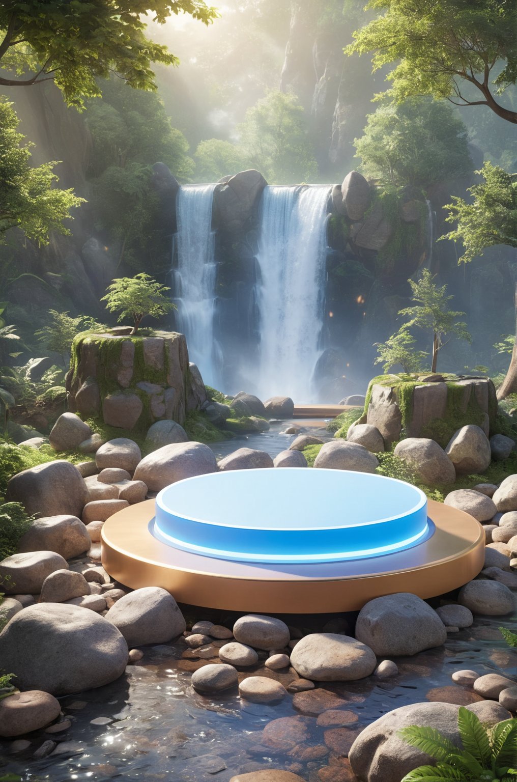 3D\(hubgstyle)\,
a round podium on the ground in the middle, trees, rocks, waterfall in the background,

professional 3d model, anime artwork pixar, 3d style, good shine, OC rendering, highly detailed, volumetric, dramatic lighting, 