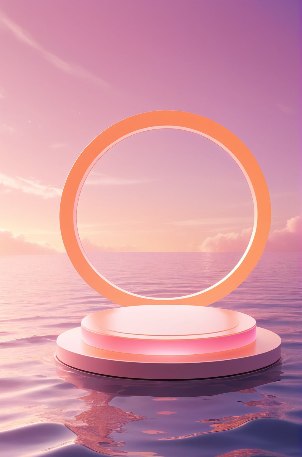 3D\(hubgstyle)\,
a round podium in the water on ocean surface in the middle, a glowing circle in the sky, sunset time, gradient orange and pink color vibe, 

professional 3d model, anime artwork pixar, 3d style, good shine, OC rendering, highly detailed, volumetric, dramatic lighting, 
