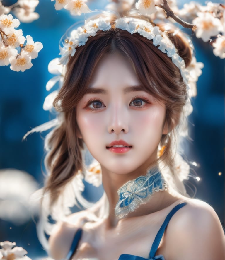 hyperrealistic, award-winning, raw photo, death knight as a 19-years-old ethereal breathtakingly glamorous japanese idol, porcelain skin tone, translucent skin texture, large eyes, detailed face, perfect face, symmetric face, DonMD34thKn1gh7XL, runeblade, photo_b00ster, glowing blue rune, ink alcohol style, medium shot, concept art, a fusion with cherry blossom,beauty,pretty girl,sangonomiya kokomi (sparkling coralbone)