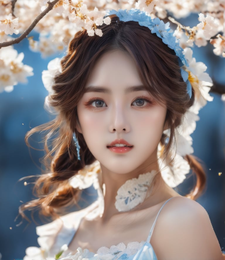 hyperrealistic, award-winning, raw photo, death knight as a 19-years-old ethereal breathtakingly glamorous japanese idol, porcelain skin tone, translucent skin texture, large eyes, detailed face, perfect face, symmetric face, DonMD34thKn1gh7XL, runeblade, photo_b00ster, glowing blue rune, ink alcohol style, medium shot, concept art, a fusion with cherry blossom,beauty,pretty girl