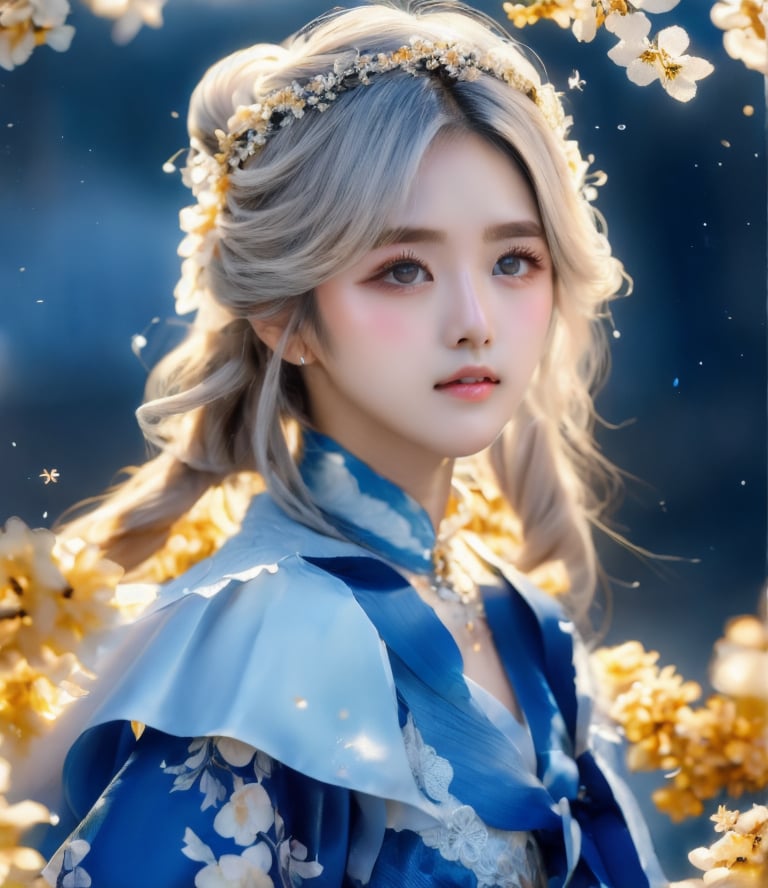 hyperrealistic, award-winning, raw photo, death knight as a 19-years-old ethereal breathtakingly glamorous japanese idol, porcelain skin tone, translucent skin texture, large eyes, detailed face, perfect face, symmetric face, DonMD34thKn1gh7XL, runeblade, photo_b00ster, glowing blue rune, ink alcohol style, medium shot, concept art, a fusion with cherry blossom,beauty,pretty girl,sangonomiya kokomi (sparkling coralbone)