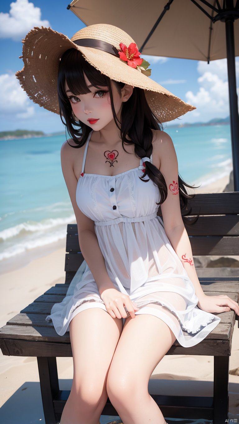  1girl,hat, long hair, solo,tattoo,outdoors, black hair, dress, white dress, sun hat, looking at viewer, day, black eyes, chair,abdomen tattoo covered by dress,see through hemline,(abdomentattoo1:1.6),beach, ocean, blurry, parted lips, dutch angle, straw hat, lipstick, bangs, makeup, water, scenery, sky, red lips, brown eyes, blurry background, holding, depth of field, sitting, realistic, sundress,blunt bangs, umbrella,