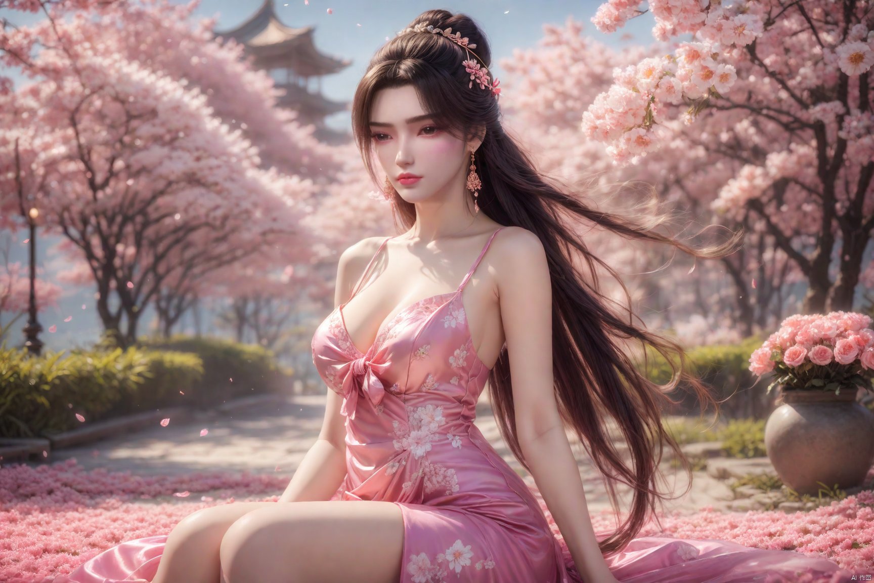  (8k, RAW photo, best quality, masterpiece:1.2),hatching (texture),skin gloss,light persona,artbook,extremely detailed CG unity 8k wallpaper,official art,
(high detailed skin),glossy skin,contrapposto,female focus,sexy,fine fabric emphasis,wall paper,
1girl, solo, dress, flower, sitting, long hair, jewelry, looking at viewer, earrings, pink dress