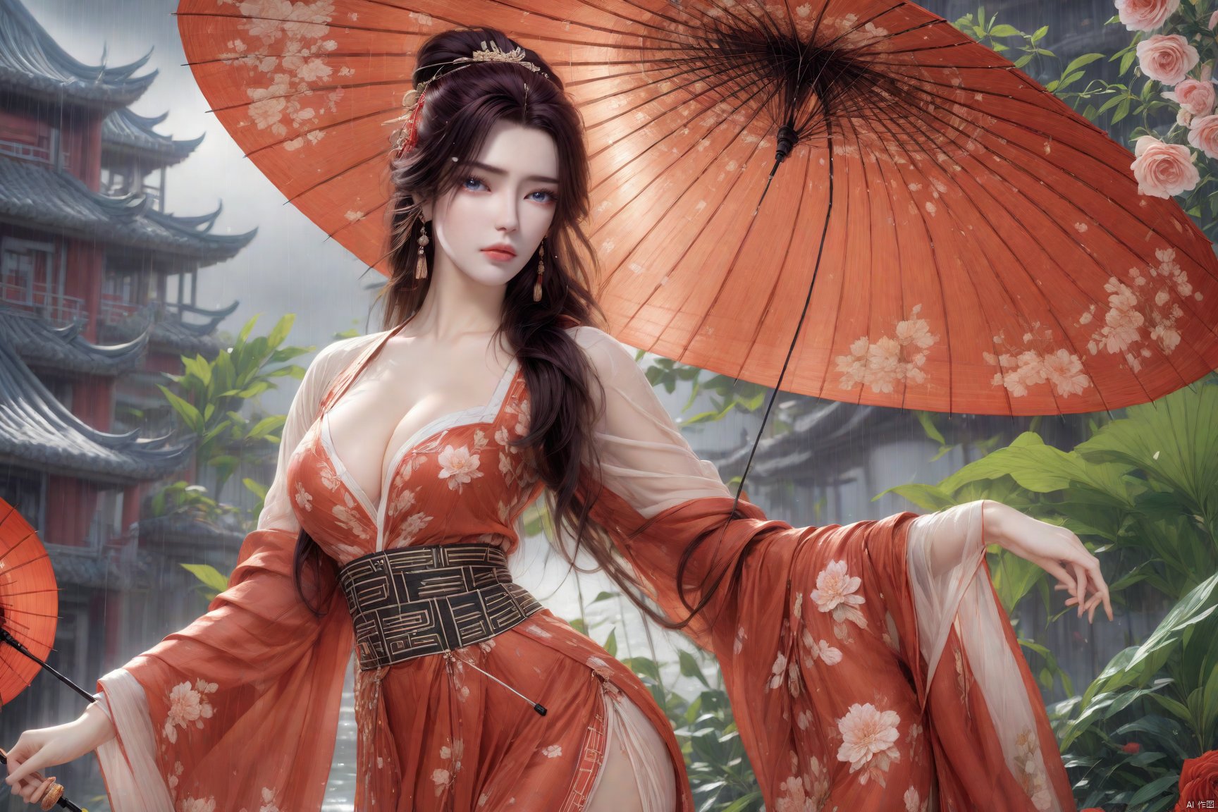  (8k, RAW photo, best quality, masterpiece:1.2),hatching (texture),skin gloss,light persona,artbook,extremely detailed CG unity 8k wallpaper,official art,
(high detailed skin),glossy skin,contrapposto,female focus,sexy,fine fabric emphasis,wall paper,
1girl, umbrella, solo, flower, hair ornament, rain, earrings, jewelry, long hair, holding umbrella, dress, holding, breasts, chinese clothes, blue eyes