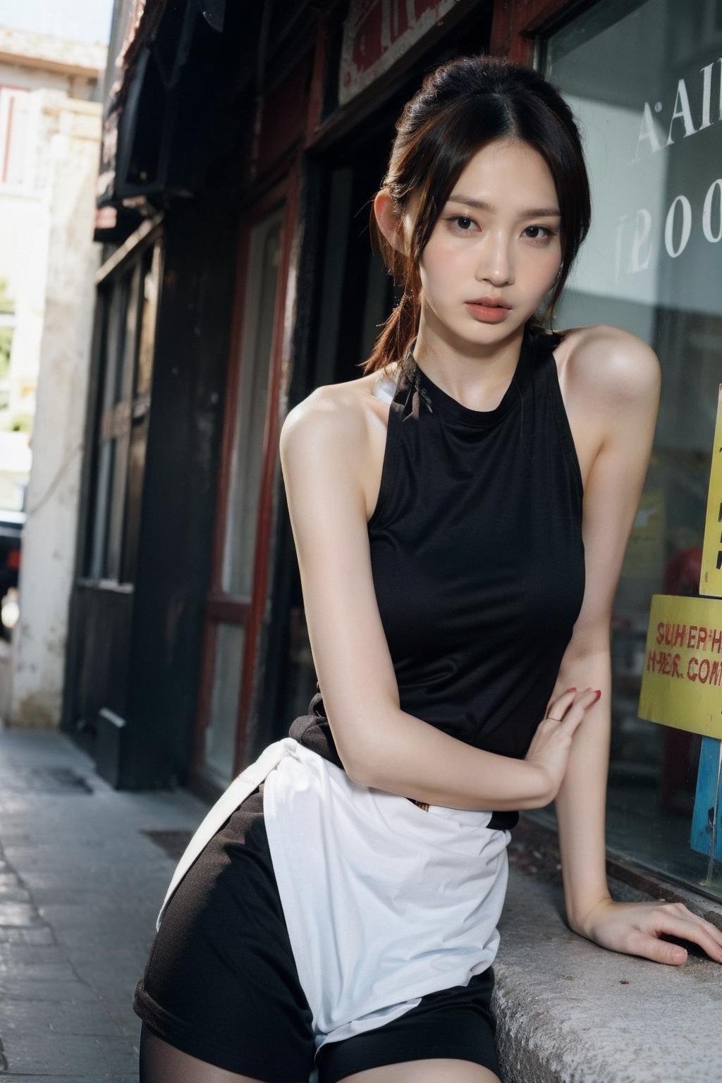 (realistic), (hyperrealism),best quality, masterpiece,ultra high res, (photorealistic:1.4),asian girl, (looking at viewer:2), ,outdoors,,black tights, black sleeveless tanktop,cowboy shot,<lora:makina69_carolyeung_v1.0:1>