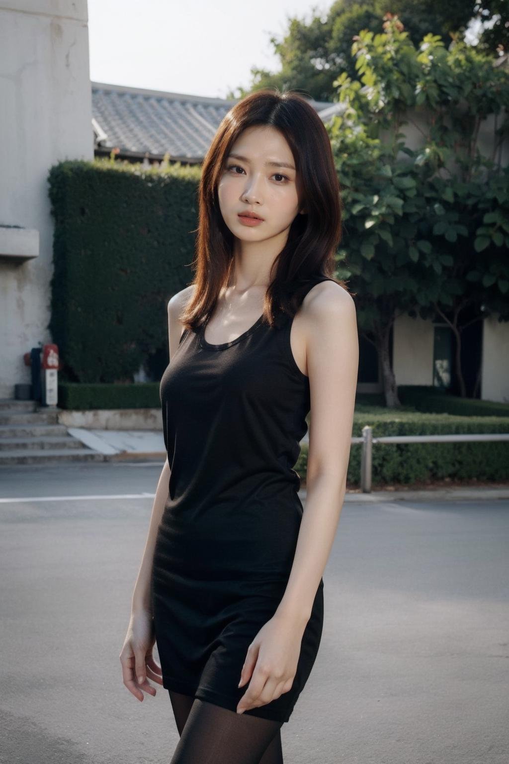 (realistic), (hyperrealism),best quality, masterpiece,ultra high res, (photorealistic:1.4),asian girl, (looking at viewer:2), ,outdoors,,black tights, black sleeveless tanktop,cowboy shot,<lora:makina69_carolyeung_v1.0:1>