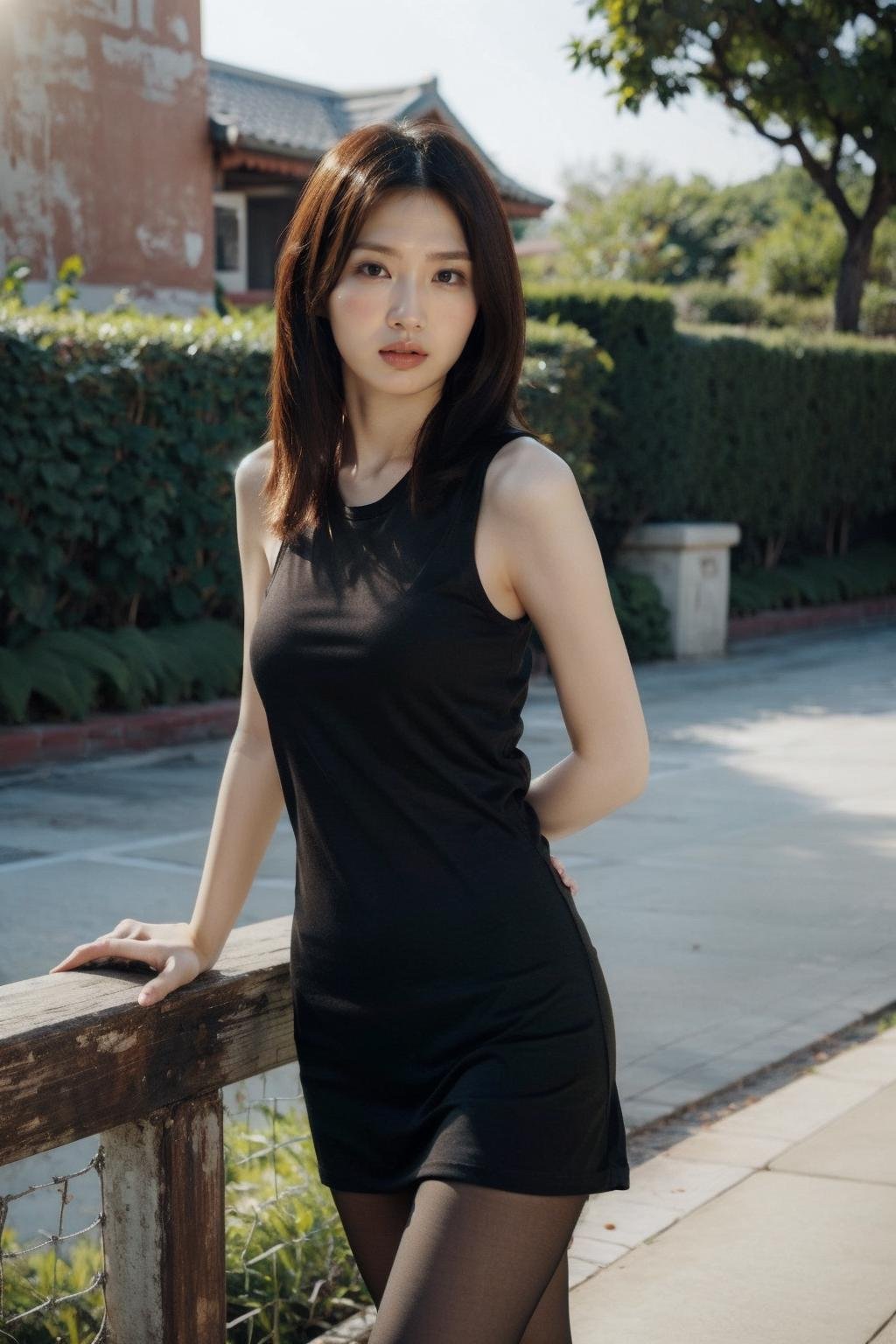 (realistic), (hyperrealism),best quality, masterpiece,ultra high res, (photorealistic:1.4),asian girl, (looking at viewer:2), ,outdoors,,black tights, black sleeveless tanktop,cowboy shot,<lora:makina69_carolyeung_v1.0:1>