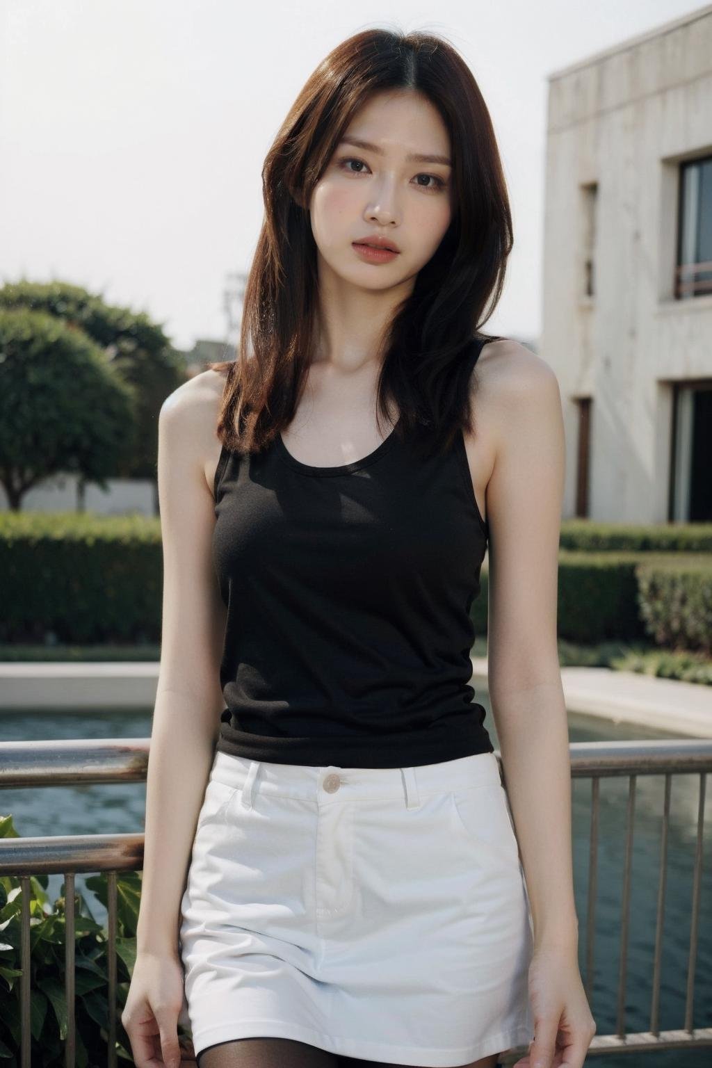 (realistic), (hyperrealism),best quality, masterpiece,ultra high res, (photorealistic:1.4),asian girl, (looking at viewer:2), ,outdoors,,black tights, black sleeveless tanktop,cowboy shot,<lora:makina69_carolyeung_v1.0:1>