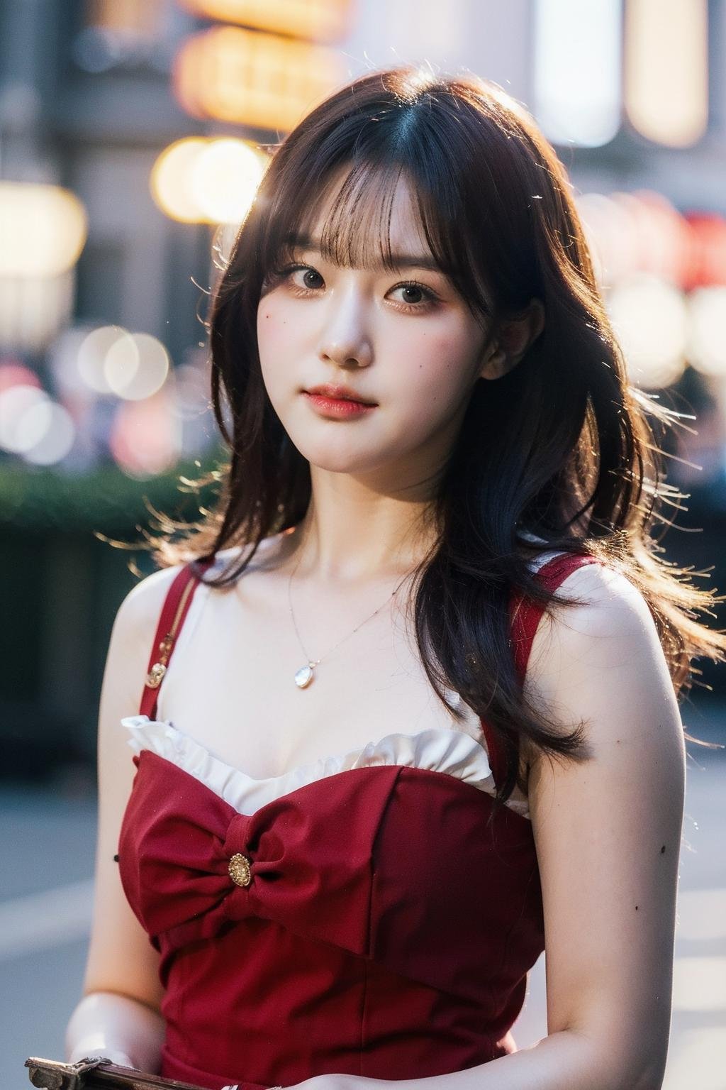 Best quality, masterpiece, ultra high res, (photorealistic), raw photo,1girl, skinny, upper body,solo, realistic, looking at viewer, long hair, bokeh background, city streets,brown eyes, bohemian dress,  <lora:makina69_chaehyun_v1.0:1>