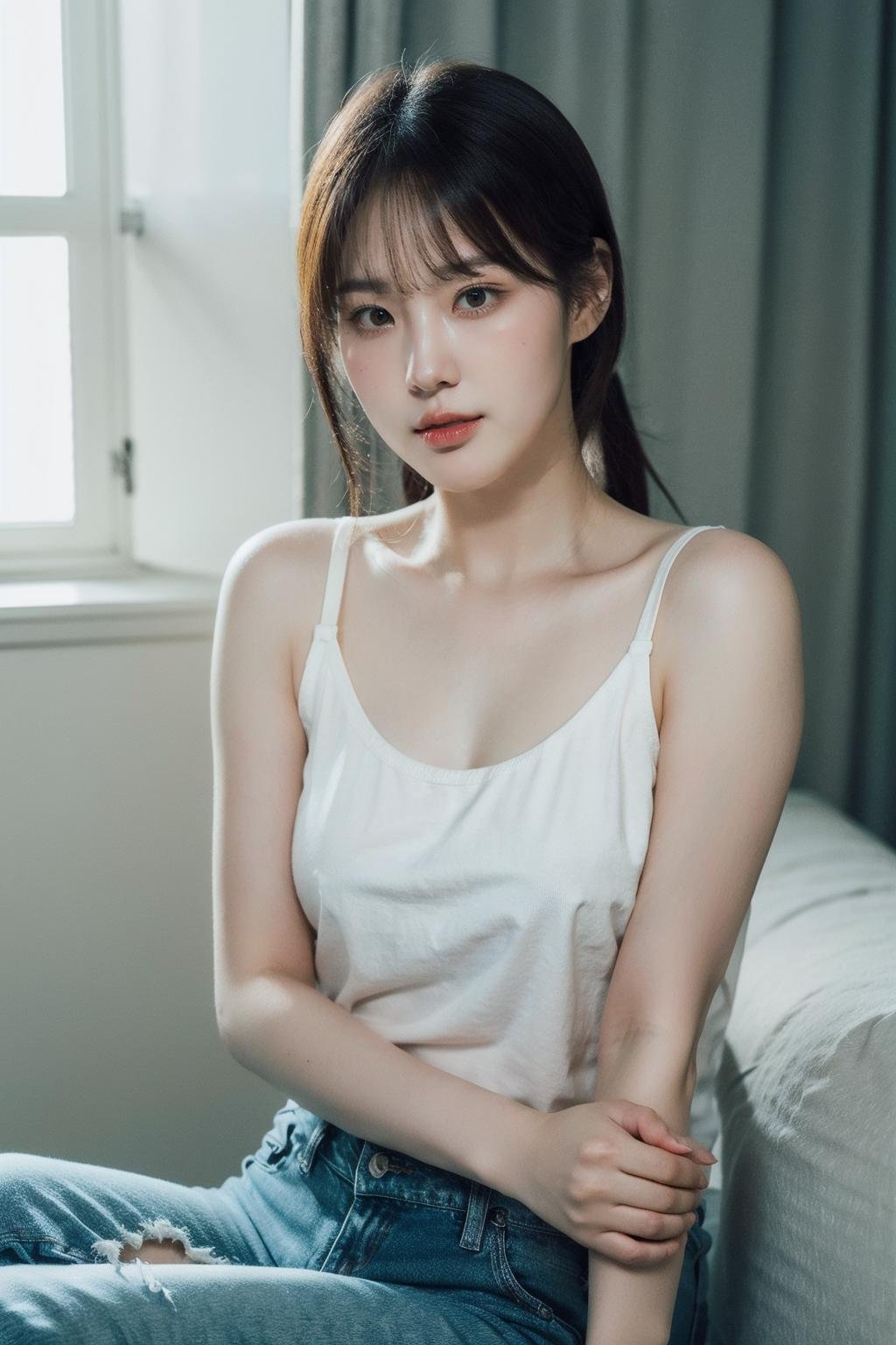 (realistic), (hyperrealism),best quality, masterpiece,ultra high res, (photorealistic:1.4),1girl,(looking at viewer:1.2),1girl, solo, realistic, looking at viewer, parted lips,  short jeans, tanktop,,   <lora:makina69_chaehyun_v1.0:1>