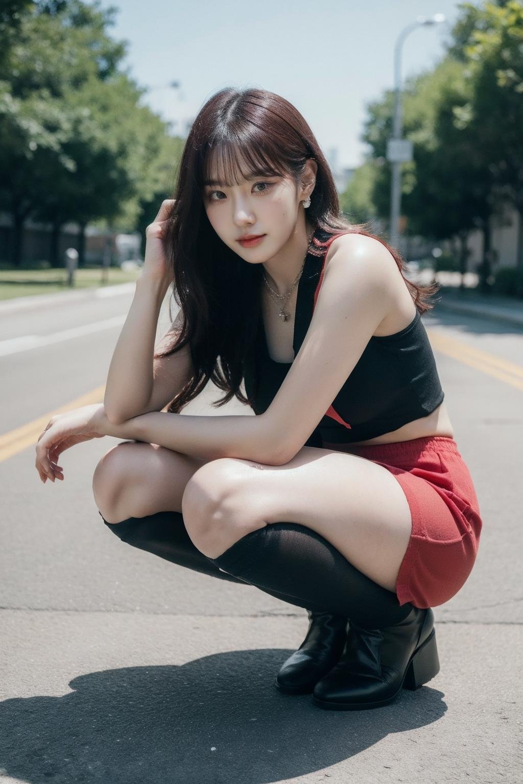 (realistic), (hyperrealism),best quality, masterpiece,ultra high res, (photorealistic:1.4),1girl,(looking at viewer:1.2),outdoor,squatting, stockings, black halter dress, red shorts,,cowboy shot, necklace, earrings, <lora:makina69_chaehyun_v1.0:1>