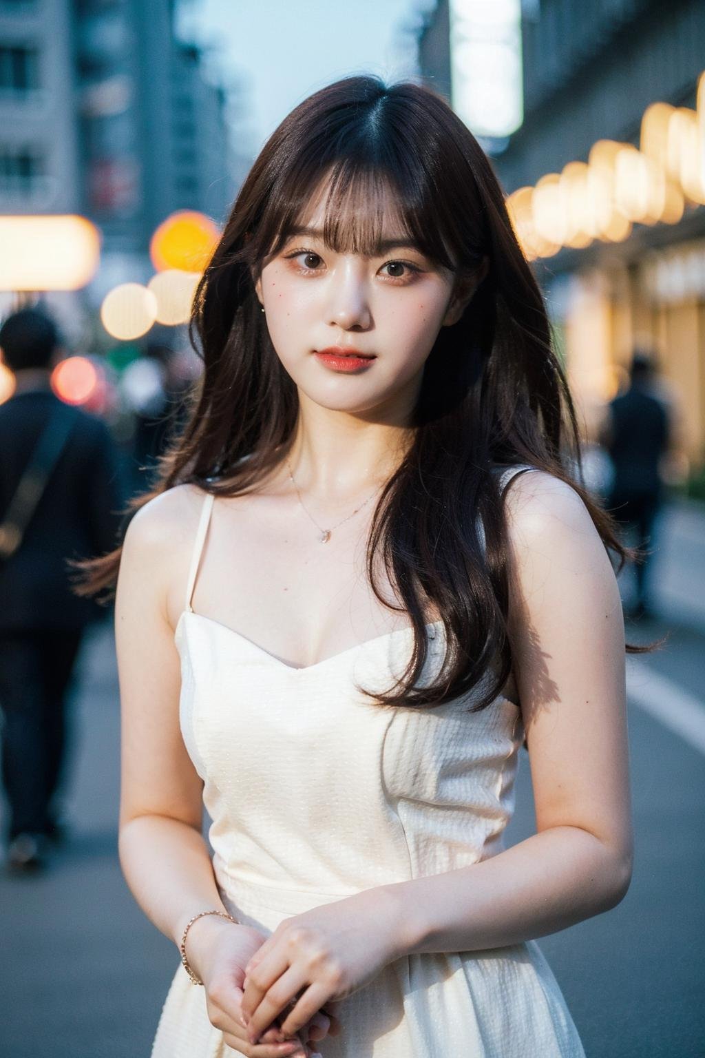 Best quality, masterpiece, ultra high res, (photorealistic), raw photo,1girl, skinny, upper body,solo, realistic, looking at viewer, long hair, bokeh background, city streets,brown eyes, bohemian dress,  <lora:makina69_chaehyun_v1.0:1>