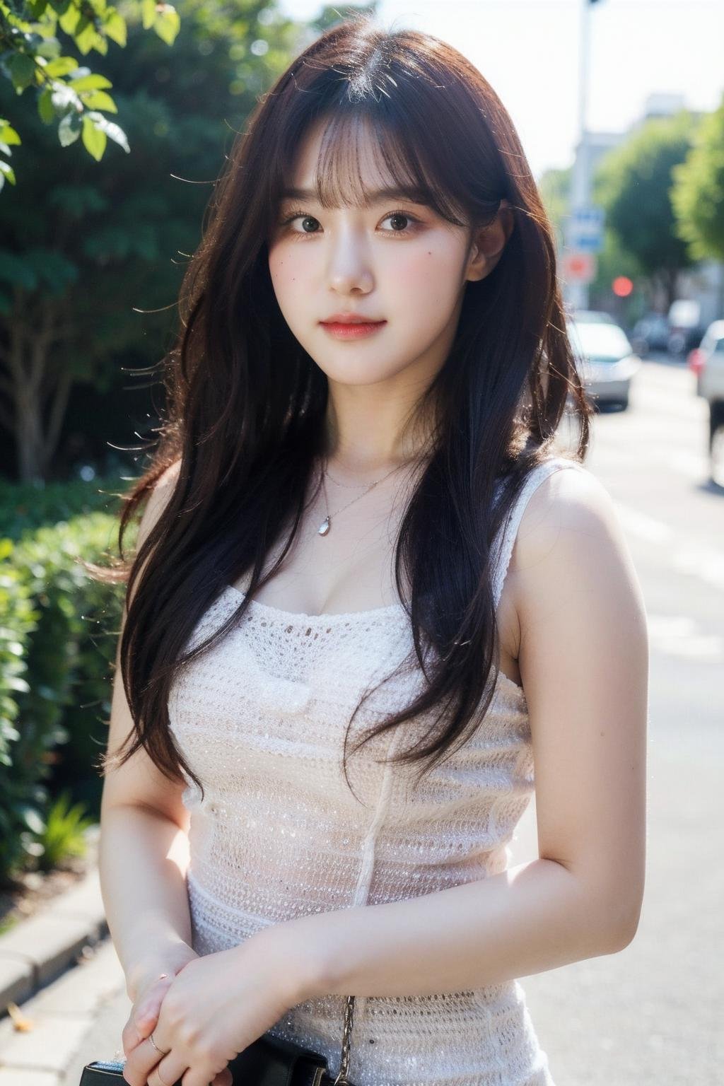 Best quality, masterpiece, ultra high res, (photorealistic), raw photo,1girl, skinny, upper body,solo, realistic, looking at viewer, long hair, bokeh background, city streets,brown eyes, bohemian dress,  <lora:makina69_chaehyun_v1.0:1>