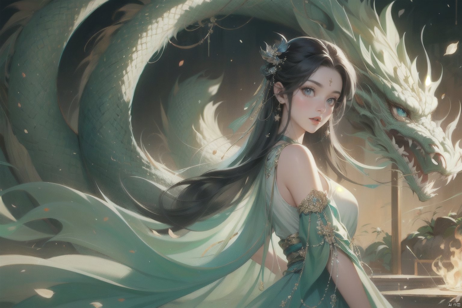  ((4k,masterpiece,best quality)), 
ruomeng135, 1girl, solo,long hair, black hair, dress, dragon, jewelery