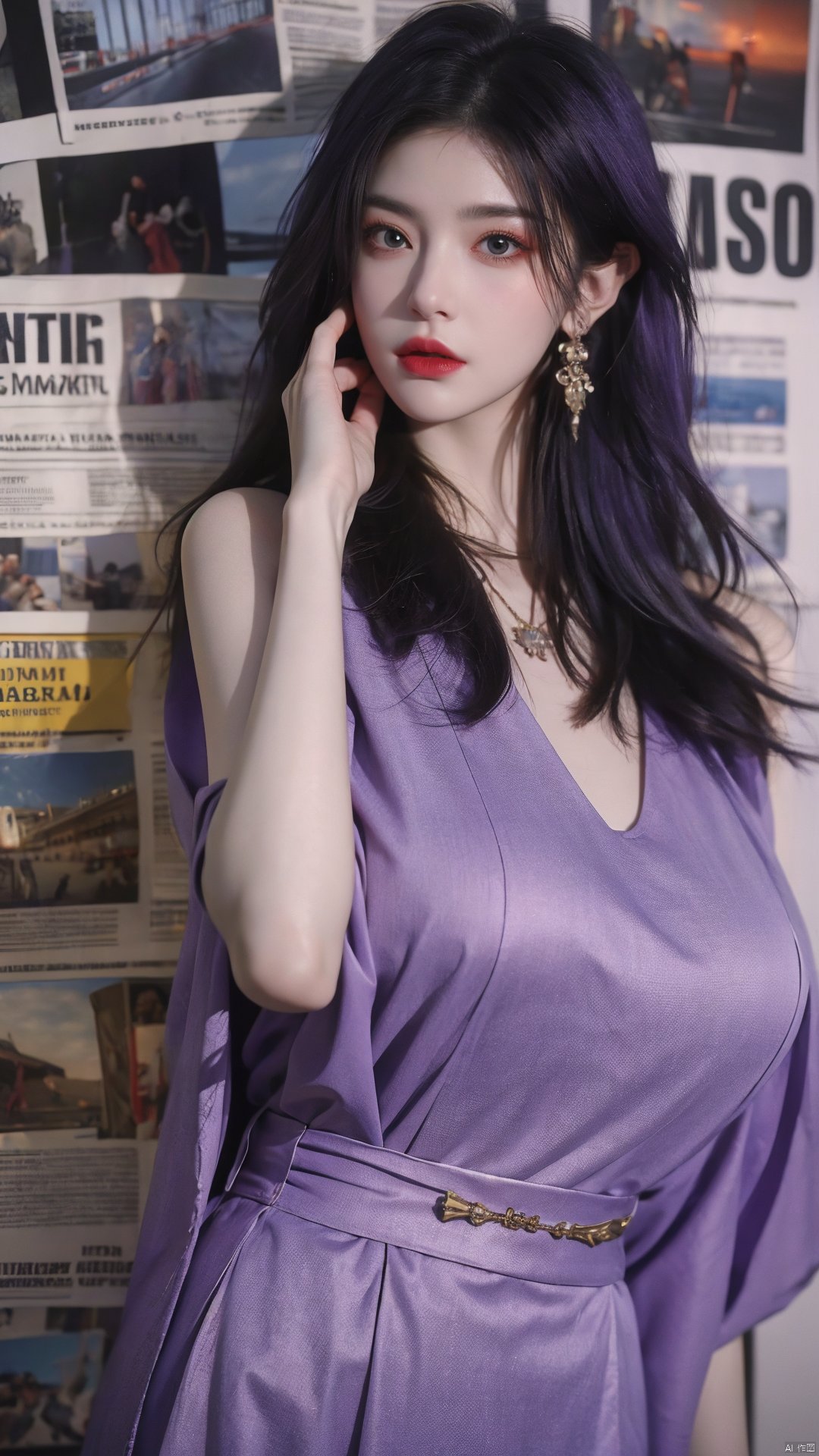  masterpiece, 1 girl, Stand, {Purple hair}, jewelry, Earrings, Necklace, {JK}, Newspaper wall, huge filesize, extremely detailed, 8k wallpaper, highly detailed, best quality,(big breasts:1.1)