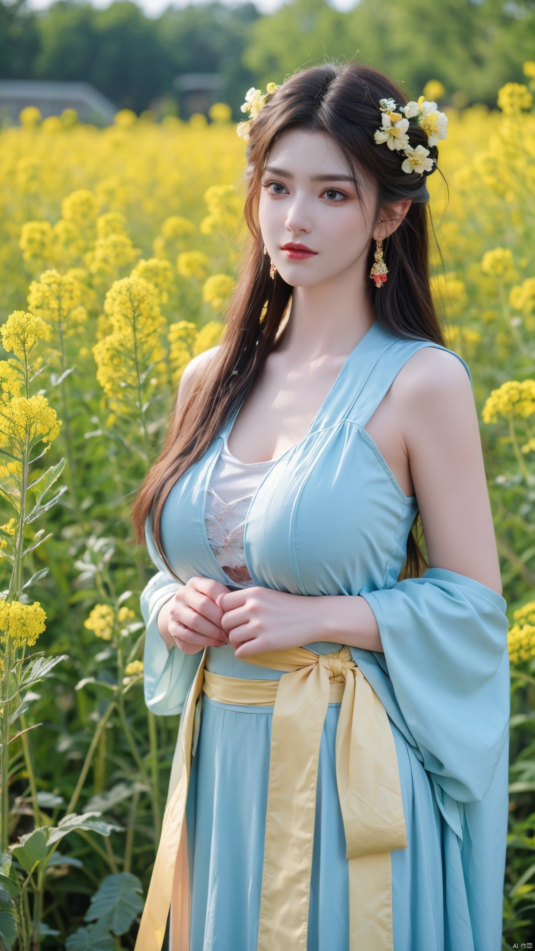  Enhanced, masterpiece, 16K, girl, Solo, Flower Field, rape flower, (\meng ze\), yue , hair ornament , hanfu,(big breasts:1.59),tang_hanfu,song_hanfu