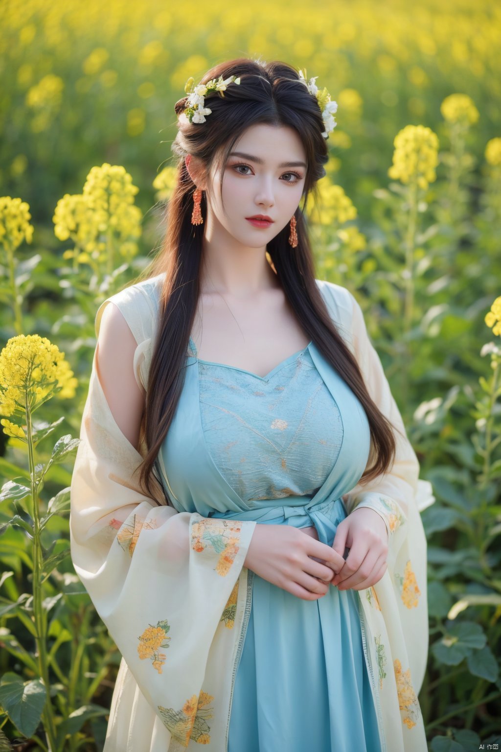  Enhanced, masterpiece, 16K, girl, Solo, Flower Field, rape flower, (\meng ze\), yue , hair ornament , hanfu,(big breasts:1.59),tang_hanfu