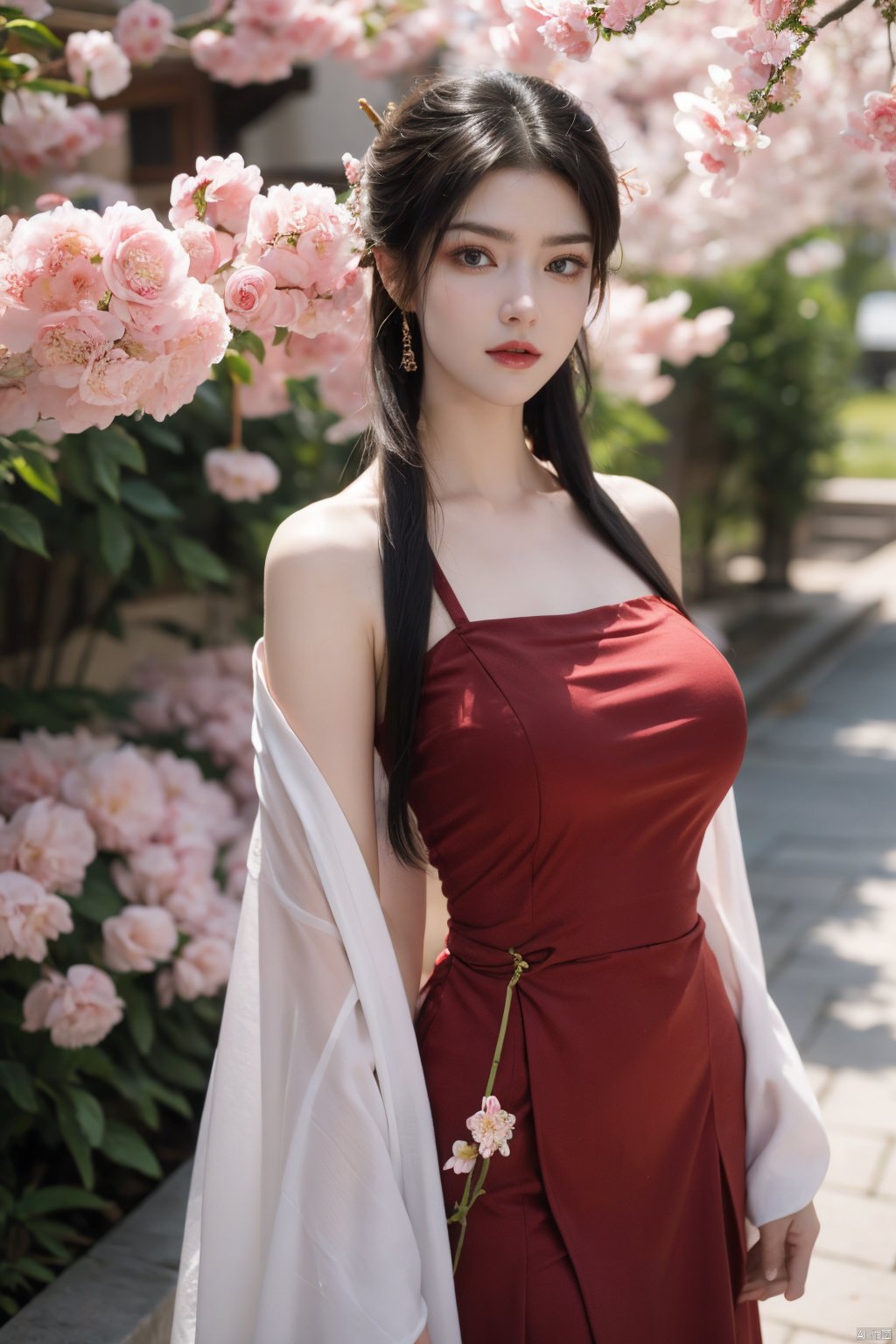 red hanfu,1girl,(spring,flowers:1.2),looking_at_viewer,,(big breasts:1.29),red dress