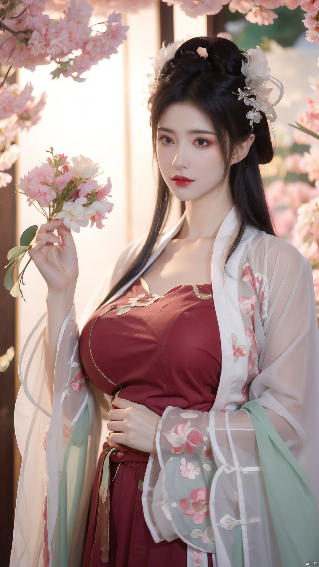  masterpiece,qingyi,danya,1girl,black hair,hanfu,(flower:1.36),realistic,hair ornament,chinese clothes,(red-green dress:1.23),black eyes,long sleeves,holding,holding flower,,hanfu,cho girl, longfeihanfu,looking at viewer,(big breasts:1.61)