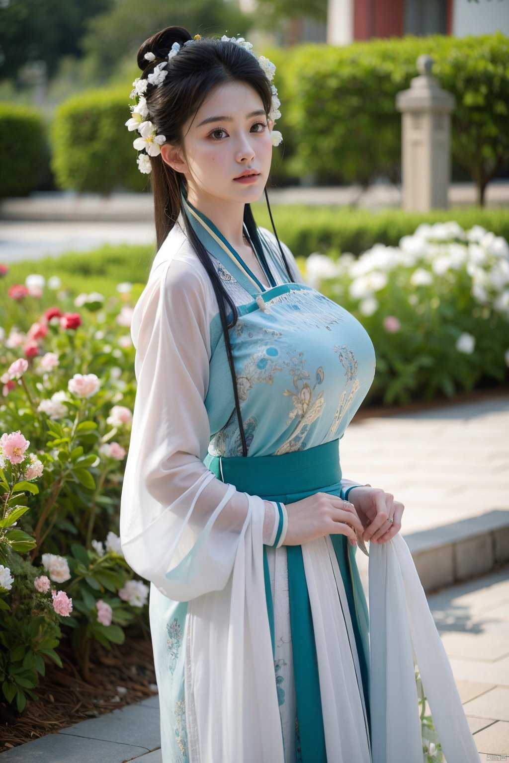  masterpiece,tang_hanfu,1girl,(spring,flowers:1.2),looking_at_viewer,,(big breasts:1.29), hanfu