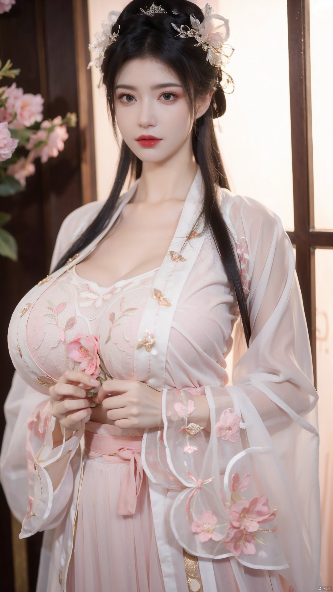  qingyi,danya,1girl,black hair,hanfu,(flower:1.36),realistic,hair ornament,chinese clothes,pink-blue dress,black eyes,long sleeves,holding,holding flower,,hanfu,cho girl, longfeihanfu,looking at viewer,(big breasts:1.79)