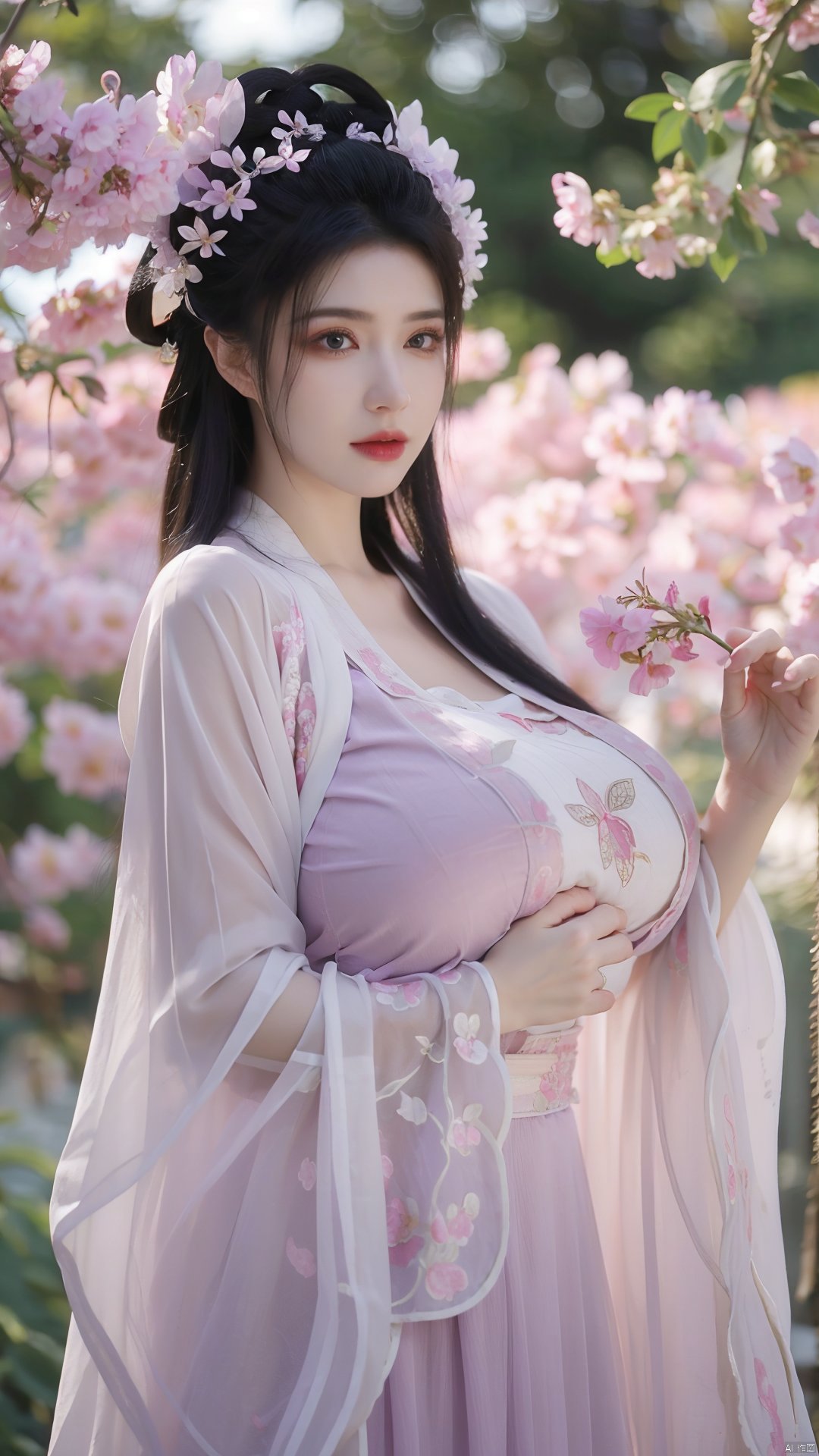  masterpiece,qingyi,danya,1girl,black hair,hanfu,(flower:1.5),realistic,hair ornament,chinese clothes,(purple dress:1.39),black eyes,long sleeves,holding,holding flower,,hanfu,cho girl, longfeihanfu,looking at viewer,(big breasts:1.79)