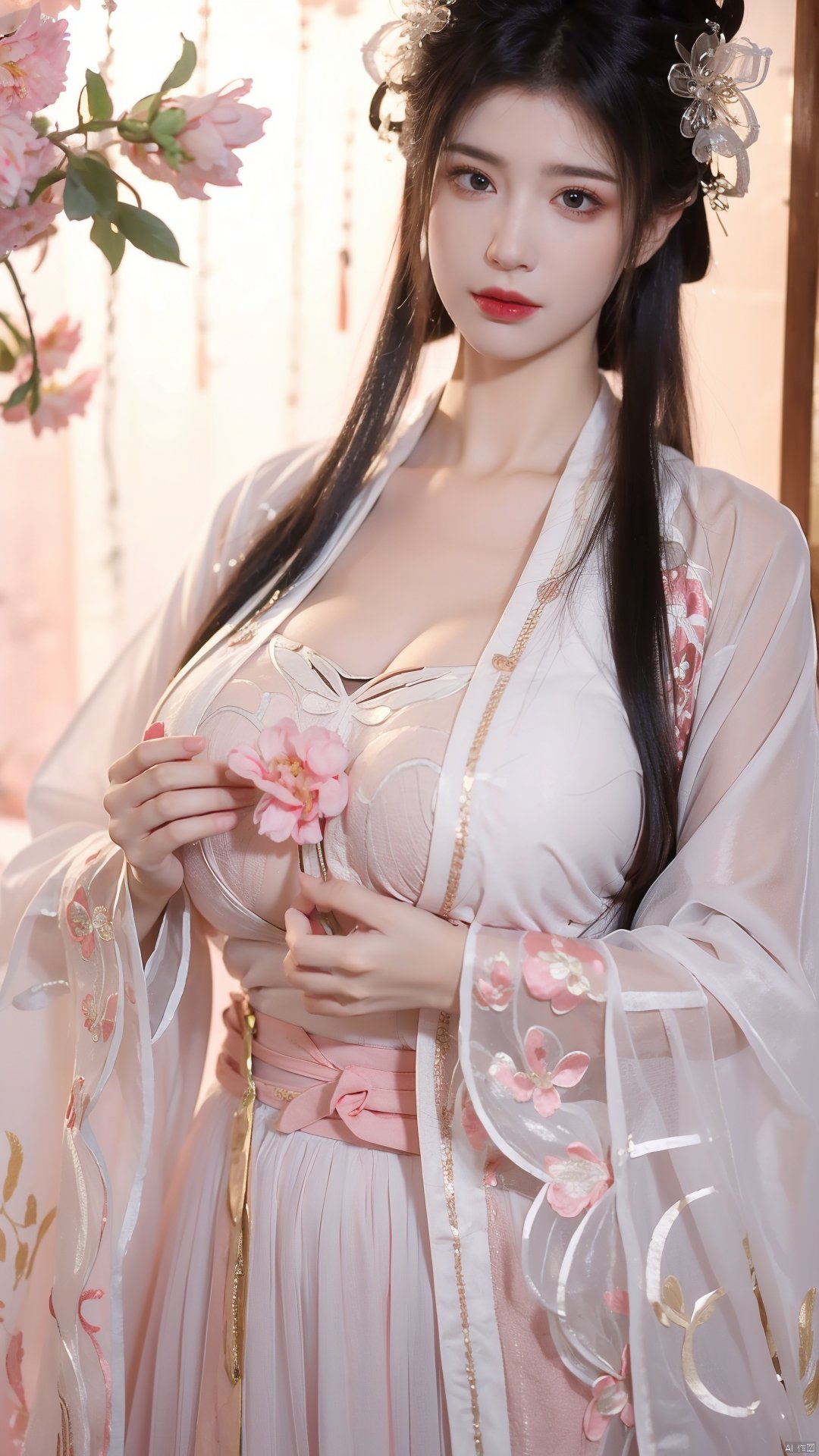  qingyi,danya,1girl,black hair,hanfu,(flower:1.36),realistic,hair ornament,chinese clothes,pink-blue dress,black eyes,long sleeves,holding,holding flower,,hanfu,cho girl, longfeihanfu,looking at viewer,(big breasts:1.79)