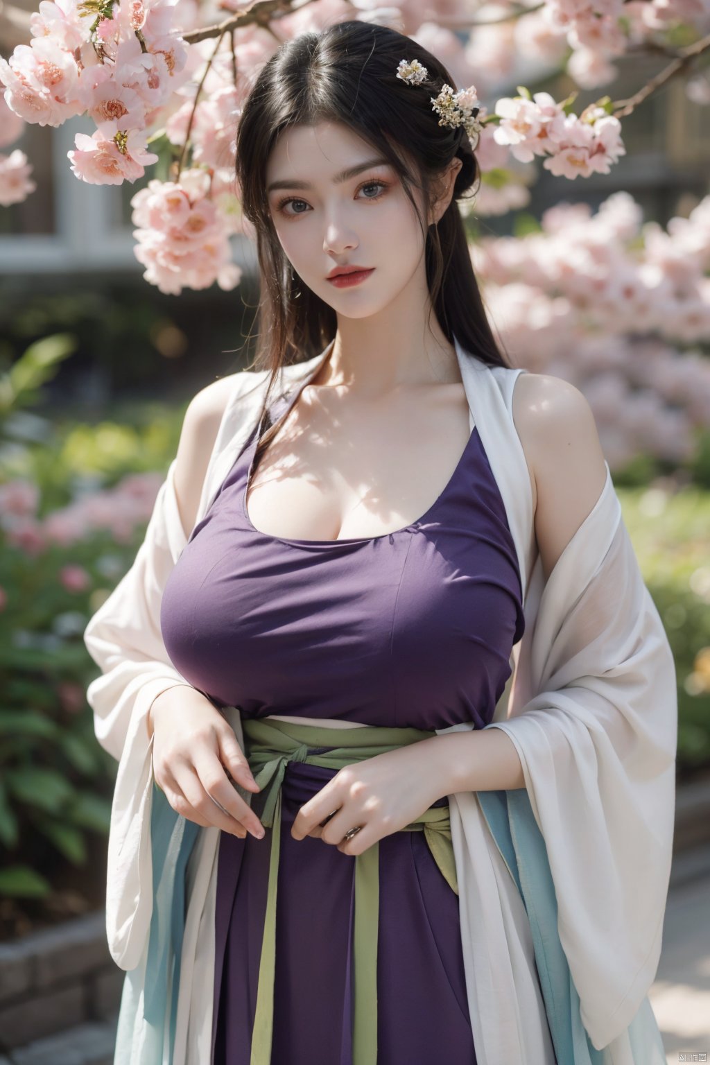 1girl,(spring,flowers:1.2),looking_at_viewer,hanfu,(big breasts:1.59),purple dress