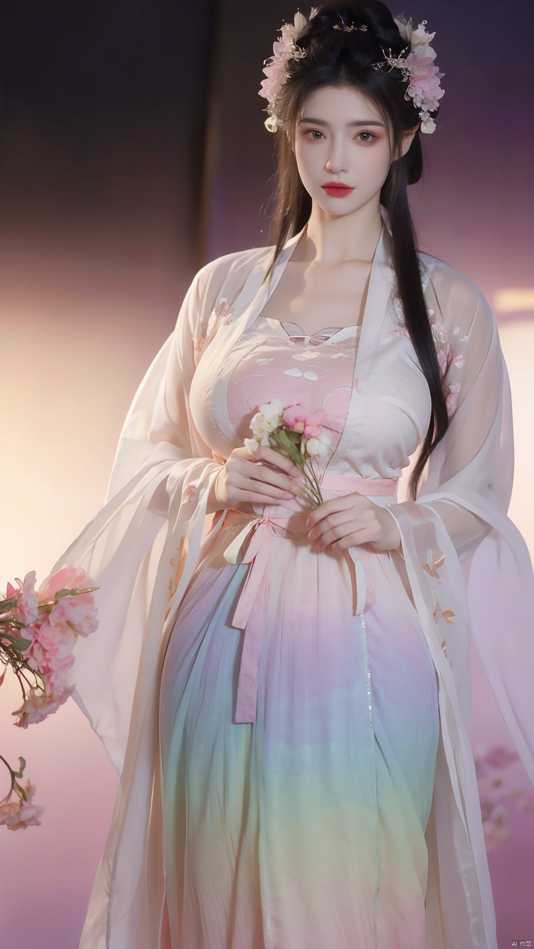  masterpiece,qingyi,danya,1girl,black hair,hanfu,(flower:1.5),realistic,hair ornament,chinese clothes,(Rainbow gradient colors dress:1.39),black eyes,long sleeves,holding,holding flower,,hanfu,cho girl, longfeihanfu,looking at viewer,(big breasts:1.79)