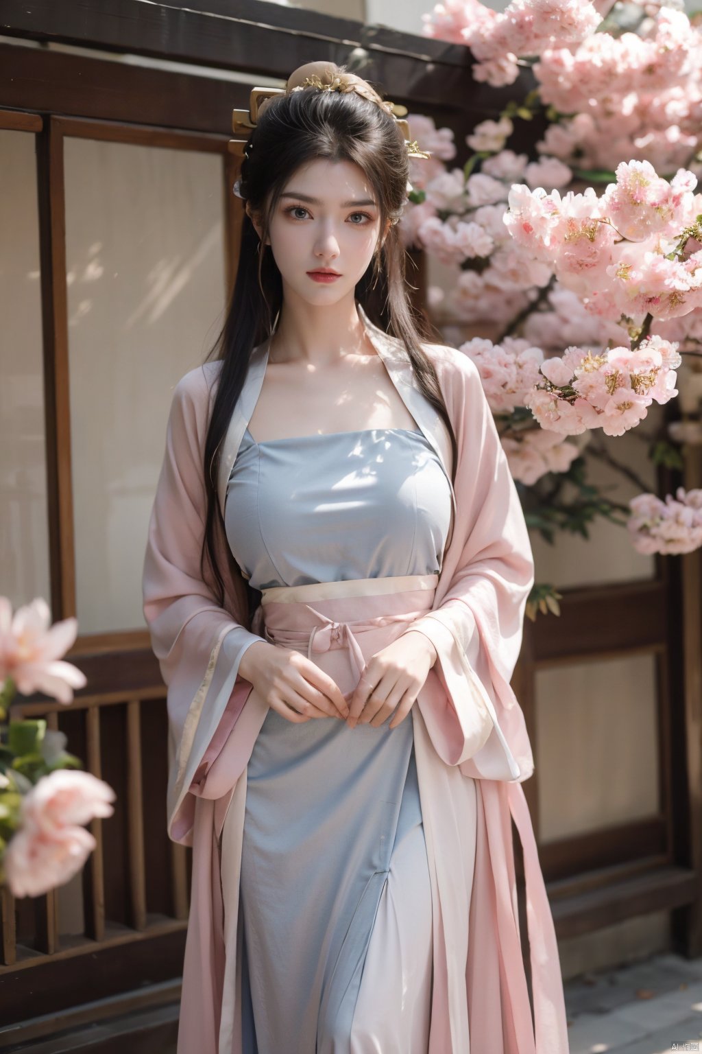 pink hanfu,1girl,(spring,flowers:1.2),looking_at_viewer,hanfu,(big breasts:1.29),pink dress