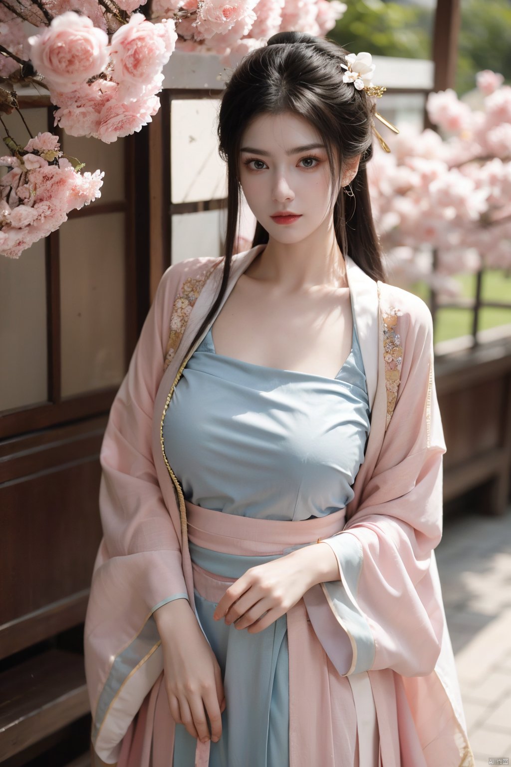 pink hanfu,1girl,(spring,flowers:1.2),looking_at_viewer,hanfu,(big breasts:1.29),pink dress