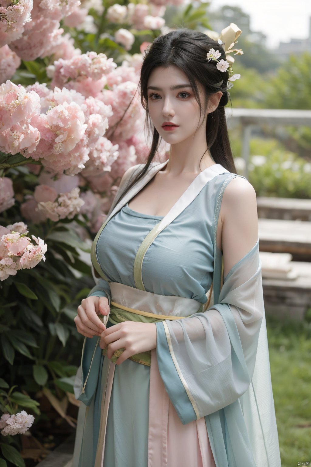  song_hanfu,1girl,(spring,flowers:1.2),looking_at_viewer,,(big breasts:1.39), hanfu