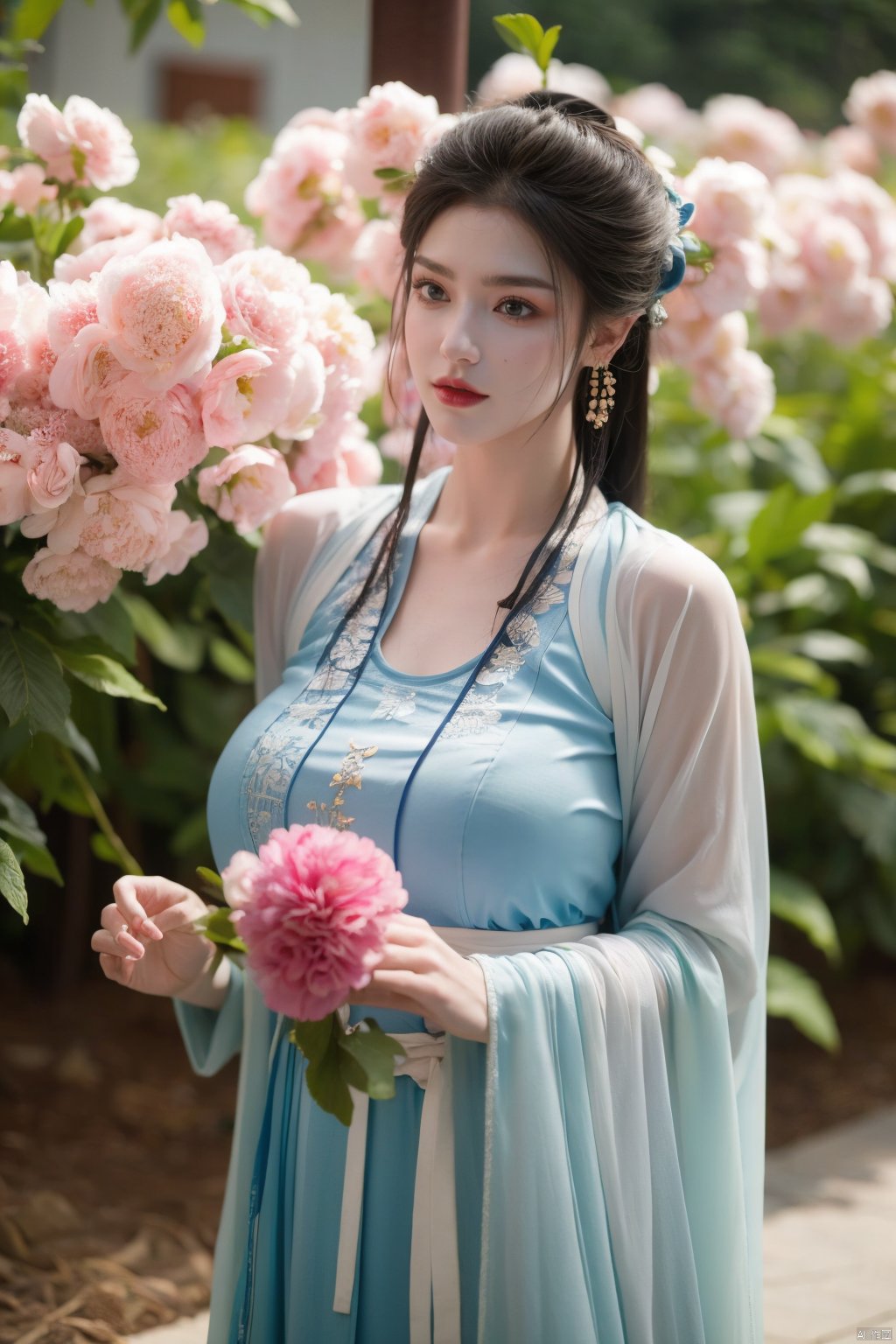  masterpiece,tang_hanfu,1girl,(spring,flowers:1.2),looking_at_viewer,,(big breasts:1.29), hanfu