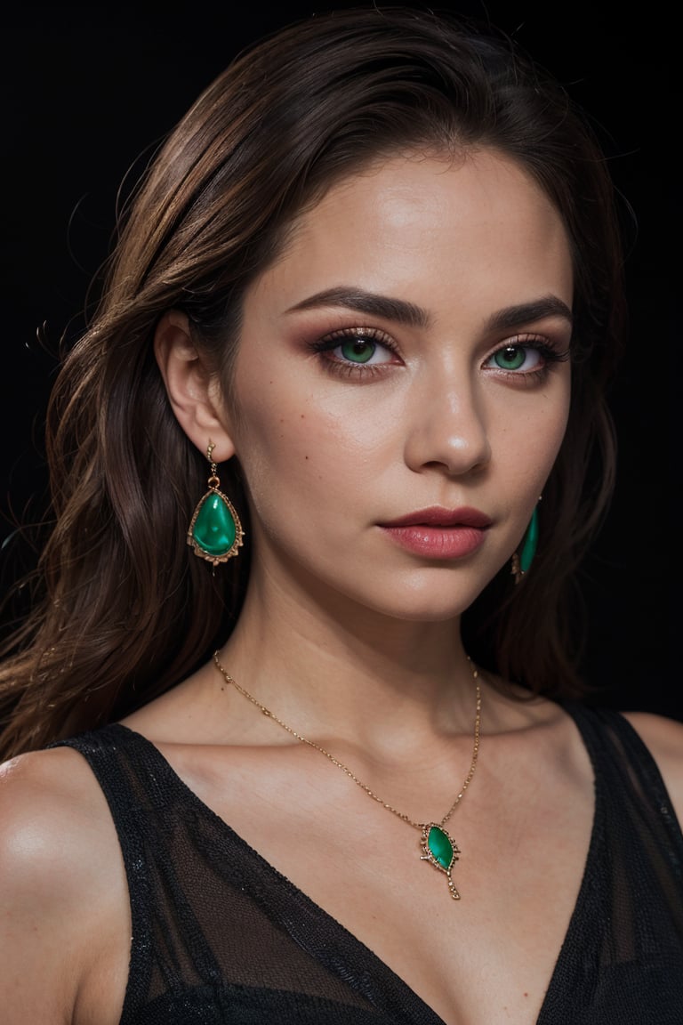 (high quality,4k,8k,highres,masterpiece:1.2),ultra-detailed,realistic:1.37,photorealistic, photography, 1girl,long hair,looking at viewer,brown hair,dress,jewelry,green eyes,earrings,necklace,mole,lips,black background,portrait,realistic