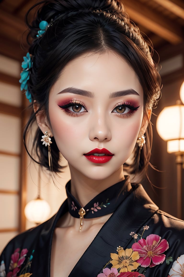 (best quality,8K,highres,masterpiece), ultra-detailed, 1girl,solo,looking at viewer,black hair,hair ornament,jewelry,flower,earrings,japanese clothes,hair flower,kimono,hair bun,blurry,black eyes,lips,makeup,blurry background,facial mark,floral print,lipstick,pale skin,portrait,eyeshadow,realistic,red lips,hair stick,kanzashi