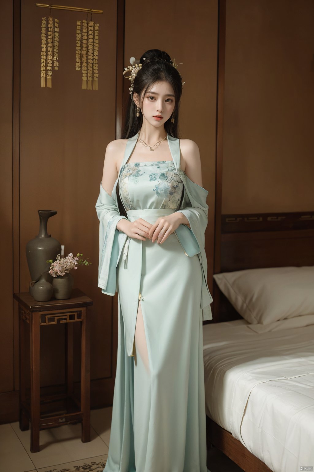  1girl, solo, long hair, breasts, black hair,Hairpins,necklace, hair ornament, dress, cleavage, full body, flower, earrings, indoors, hair bun, white dress, pillow, bed, night, chinese clothes, table, branch,daxiushan, ,daxiushan style,realistic,hanfu, daxiushan,Shoulders are exposed, , daxiushan, arien_hanfu