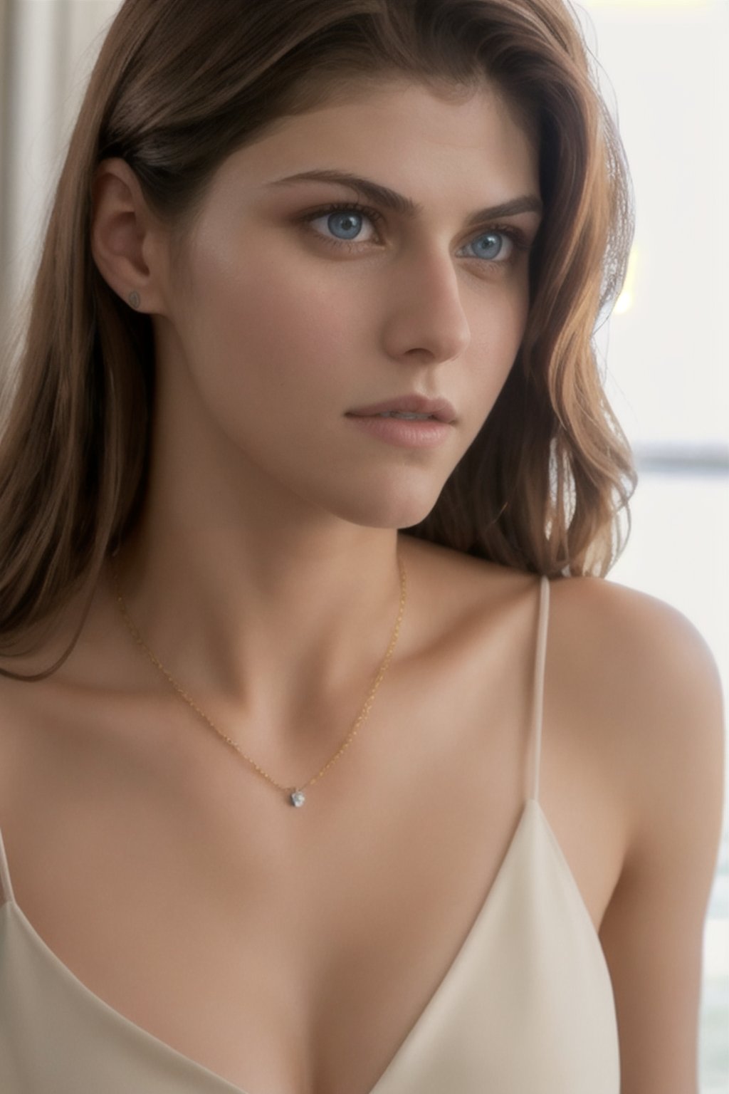 (alexandradaddario:0.8) ,(highly detailed skin),  gorgeous, (realistic face), full body close-up, fashion, necklace, clear photo