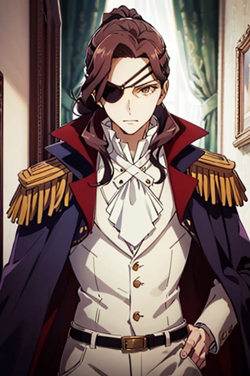 (masterpiece), best quality, expressive eyes, perfect face, taren, 1girl, brown hair, long hair, brown eyes, eyepatch, ponytail, solo, shirt, white shirt, cape, ascot, white ascot, jacket, red jacket, long sleeves, jacket on shoulders, cravat, epaulettes, uniform, belt, pants, white pants, <lora:bbf9ae40-7f59-4a0a-aa2d-7ddbc5e823b7:0.8>