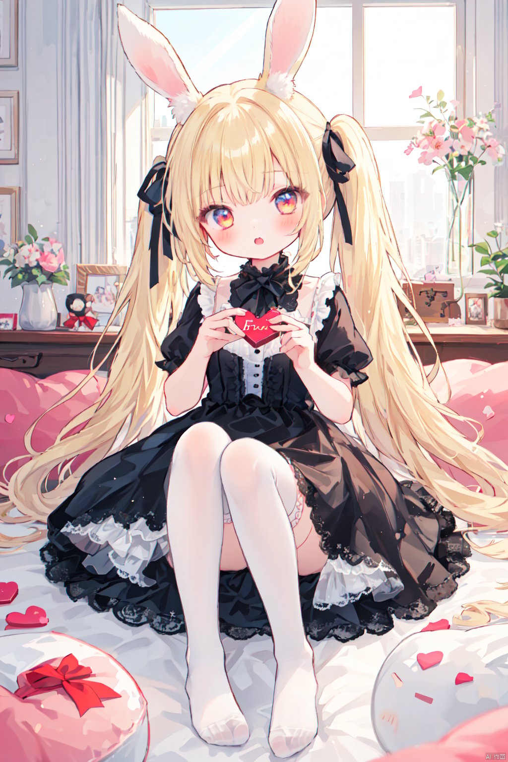  1girl, loli, hair ribbon, long hair, staright hair,
lolita dress, black dress, twintails, rabbit ears, blonde hair, frills, white thighhighs, see-through,
colorful, no shoes, valentine, ribbon, flat color, bubble, 
room, window, flower, depth of field, medium breasts,
masterpiece, best quality, detailed, butterfly,