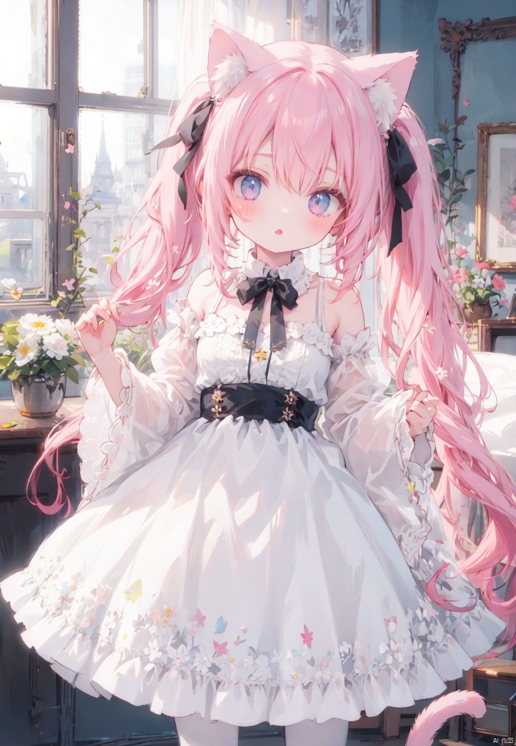  1girl, loli, hair ribbon, long hair, staright hair, dynamic angle, 
lolita dress, white dress, twintails, cat ears, pink hair, frills, upper body, standing, full body, wide sleeves,  see-through, white pantyhose, dress lift, cat tail, bow,
colorful, , ribbon, no shoes,
room, window, flower, depth of field, medium breasts, night,
masterpiece, best quality, detailed, butterfly,