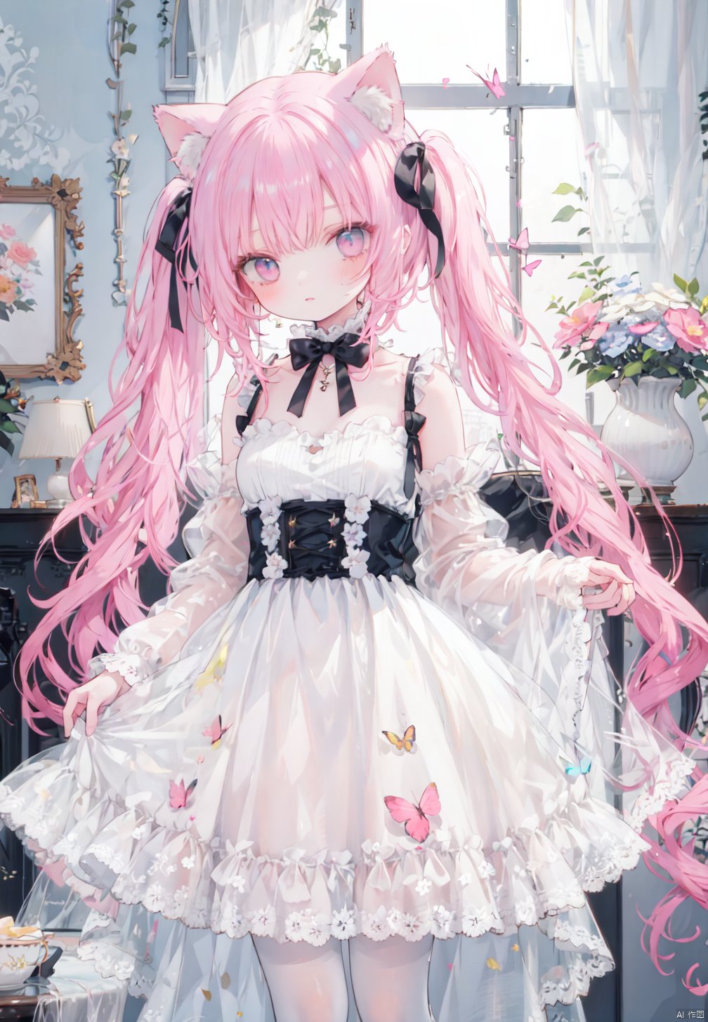  1girl, loli, hair ribbon, long hair, staright hair, dynamic angle, 
lolita dress, white dress, twintails, cat ears, pink hair, frills, upper body, standing, full body, wide sleeves,  see-through, white pantyhose, dress lift, cat tail, bow,
colorful, , ribbon, no shoes,
room, window, flower, depth of field, medium breasts, night,
masterpiece, best quality, detailed, butterfly,