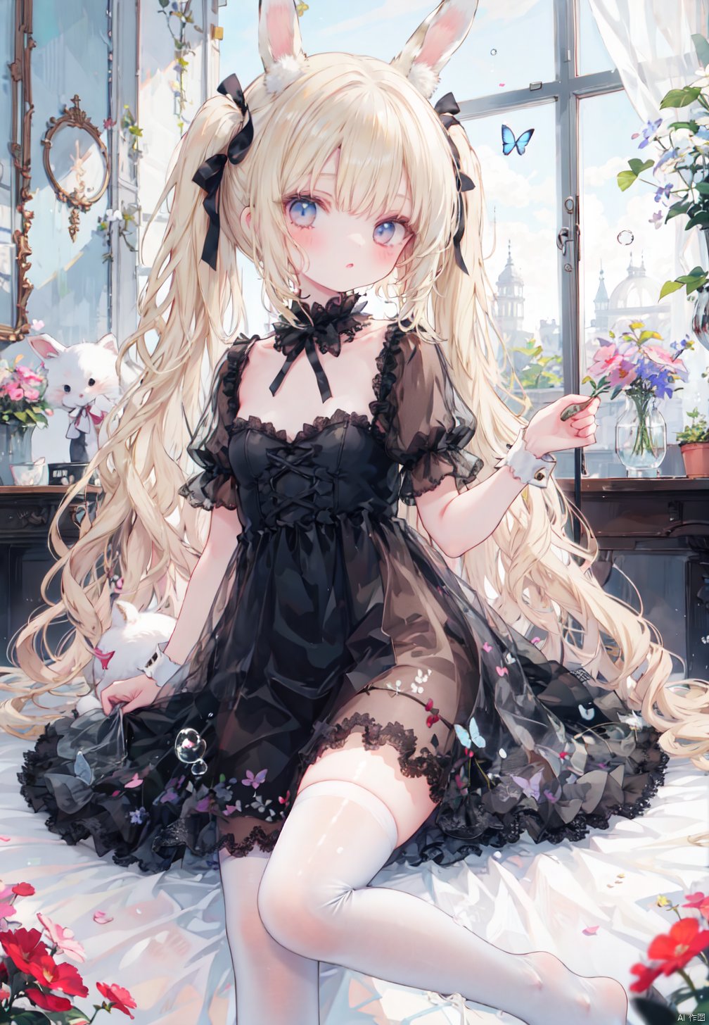  1girl, loli, hair ribbon, long hair, staright hair, dynamic angle,
lolita dress, black dress, twintails, rabbit ears, blonde hair, frills, white thighhighs, see-through,
colorful, no shoes, valentine, ribbon, flat color, bubble, 
room, window, flower, depth of field, medium breasts,
masterpiece, best quality, detailed, butterfly,