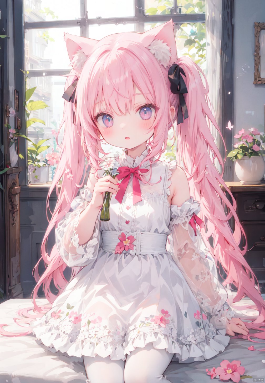  1girl, loli, hair ribbon, long hair, staright hair, dynamic angle, 
lolita dress, white dress, twintails, cat ears, pink hair, frills, upper body, standing, full body, wide sleeves,  see-through, white pantyhose, dress lift, cat tail, bow,
colorful, , ribbon, no shoes,
room, window, flower, depth of field, medium breasts, night,
masterpiece, best quality, detailed, butterfly,