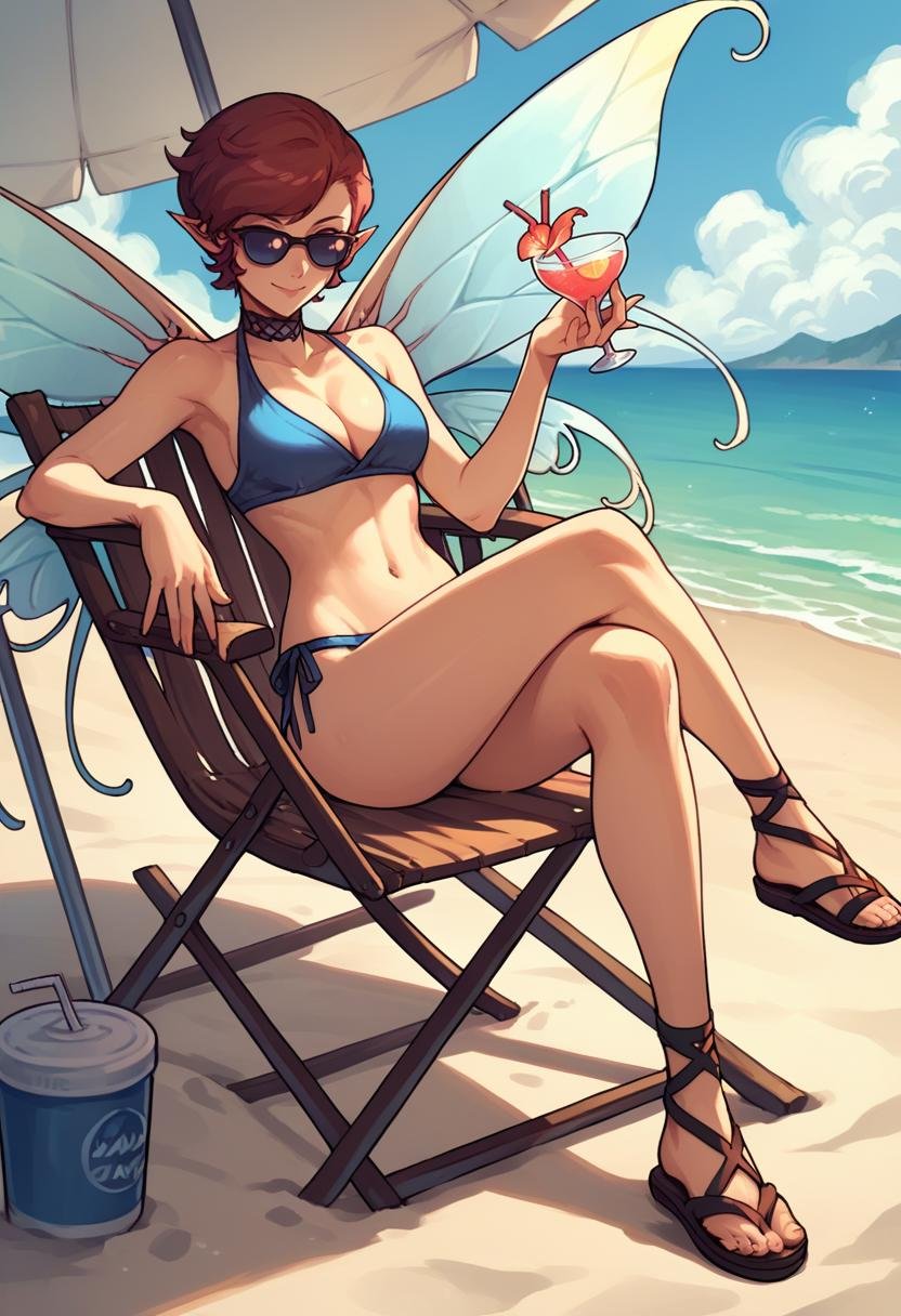 score_9, score_8_up, score_7_up, source_anime, 1girl, solo, sunglasses, smile, crossed legs, <lora:PixieSMT-pdxl:1> pixieSMT, short hair, pointy ears, choker, cleavage, blue bikini, navel, fairy wings, sandals, beach, chair, drink, fingers