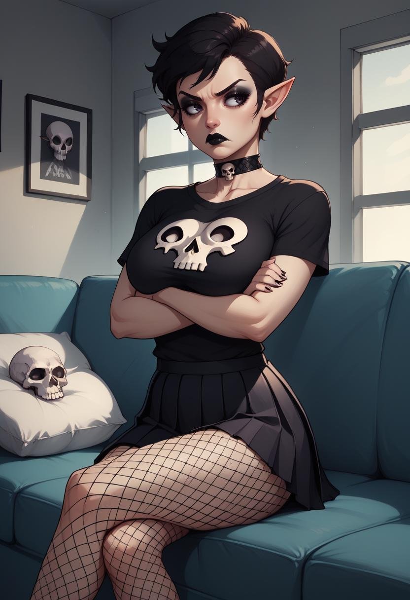 score_9, score_8_up, score_7_up, source_anime, 1girl, sitting, crossed arms, pout, looking to the side, makeup, black lipstick, BREAK <lora:PixieSMT-pdxl:1> pixieSMT, short hair, pointy ears, choker, black t-shirt, skull print, large breasts, short sleeves, pleated skirt, fishnets, indoors, couch, cushion, window