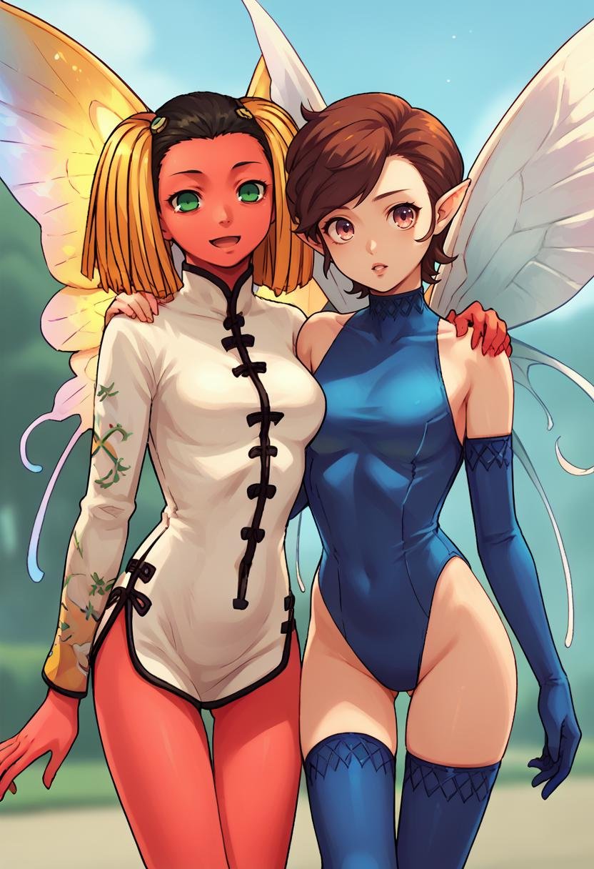 score_9, score_8_up, score_7_up, source_anime, 2girls, thigh up, looking at you, hand on another's shoulder, outdoors, BREAK<lora:HuaPoSMT-pdxl:1> huapoSMT, china dress, red skin, butterfly wings, long sleeves, smile, open mouth, BREAK<lora:PixieSMT-pdxl:1> pixieSMT, short hair, pointy ears, blue leotard, blue elbow gloves, blue thighhighs, fairy wings, medium breasts, parted lips