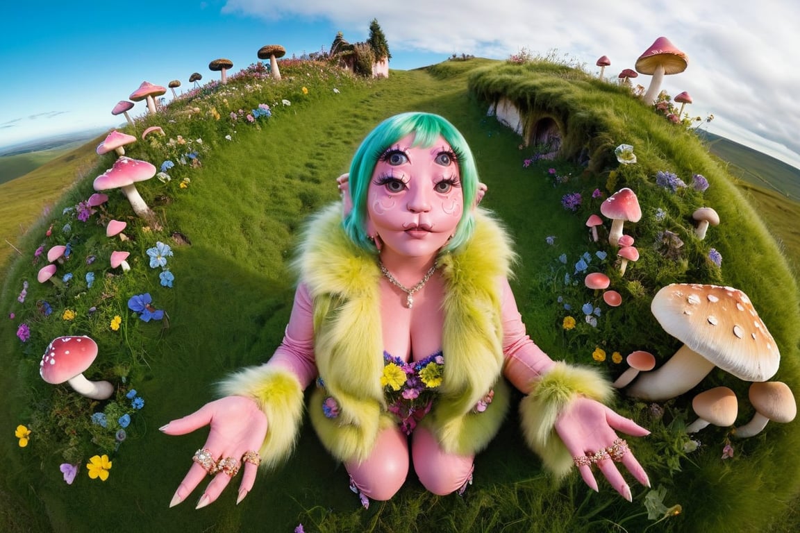 a woman with blue and pink hair sitting on a grassy hill covered in flowers and mushrooms looking up towards the camera, fisheye lens effect, she’s wearing a layered outfit with jewelry and a fuzzy green and yellow fur coat, she’s showing off her rings on her hands,four eyed woman, a woman, four eyes and pink skin, symmetrical fat face, prosthesis, 3D silky latex dress, flash, fat body, shape, pink color for the body and face, pink color for the whole body 