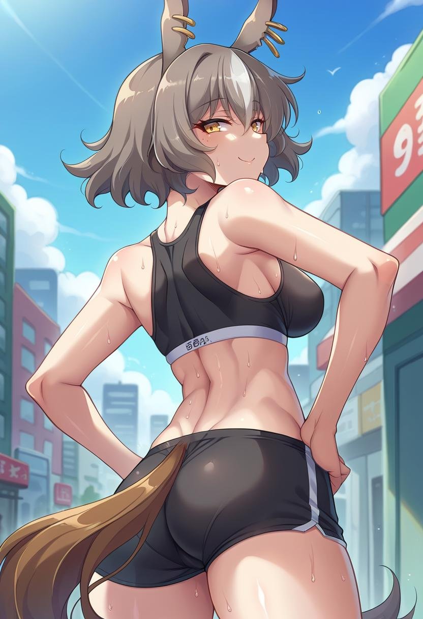 score_9,score_8_up,score_7_up BREAK aoi nagisa \(metalder\),1girl,jelomori,solo,from behind,sweat,hands on own hips,ass,outdoors,city street,grey hair,yellow eyes,streaked hair,animal ears,earrings,black sports bra,black shorts,tail,tail through clothes,looking back,smile,<lora:Mori-JeloXL:1>,