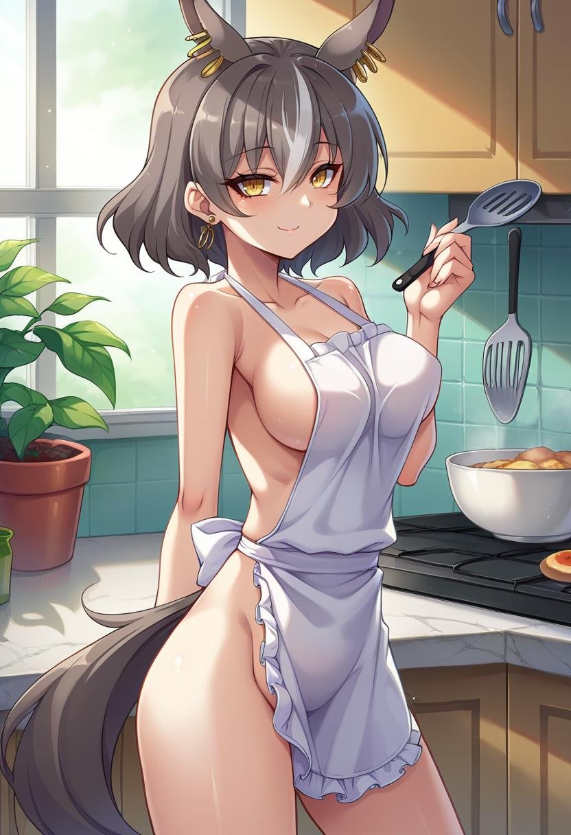 score_9,score_8_up,score_7_up BREAK aoi nagisa \(metalder\),1girl,jelomori,solo,kitchen,grey hair,yellow eyes,streaked hair,animal ears,earrings,naked apron,tail,looking at viewer,smile,uncensored,<lora:Mori-JeloXL:1>,